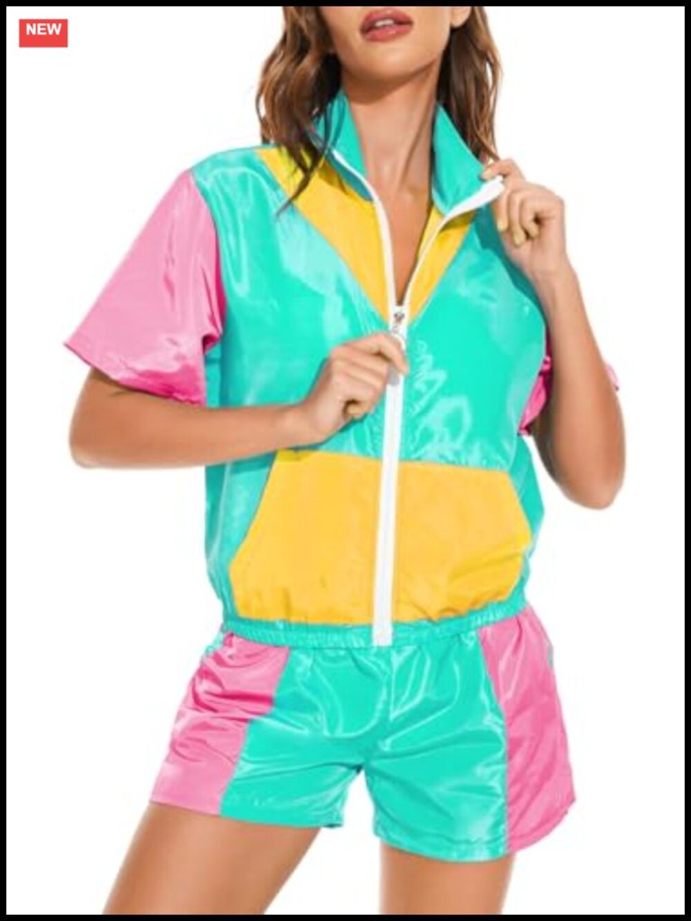 Yisfri Women's Color Block Windbreaker 2 Piece Outfits Short Sleeve Zip Front